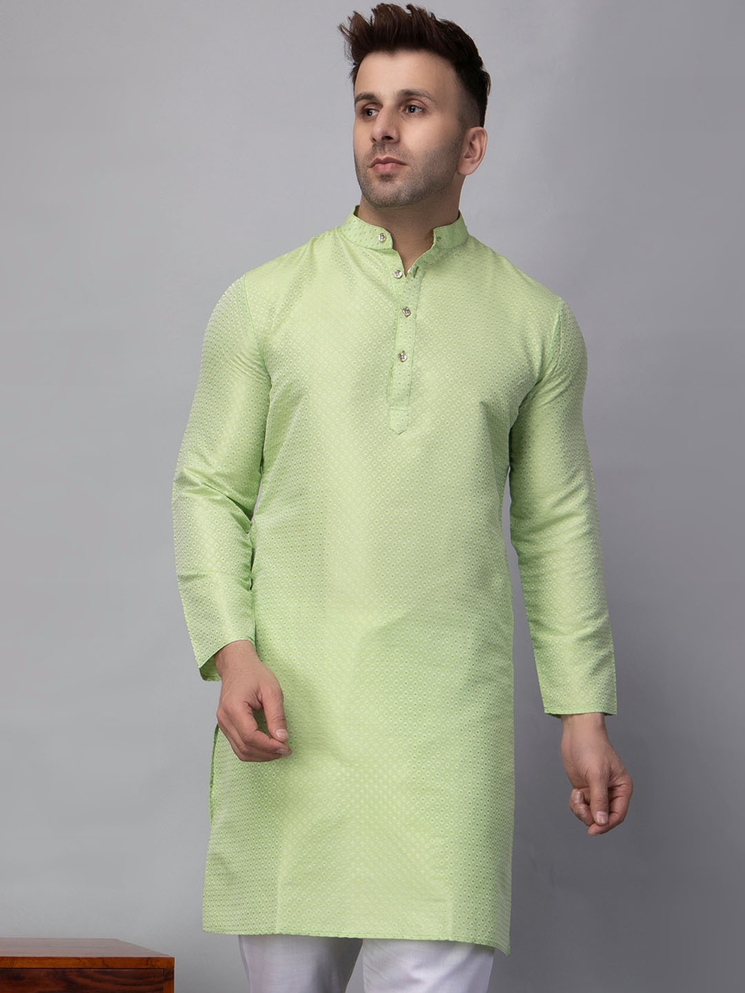 

hangup plus Geometric Printed Mandarin Collar A-Line Kurta, Green