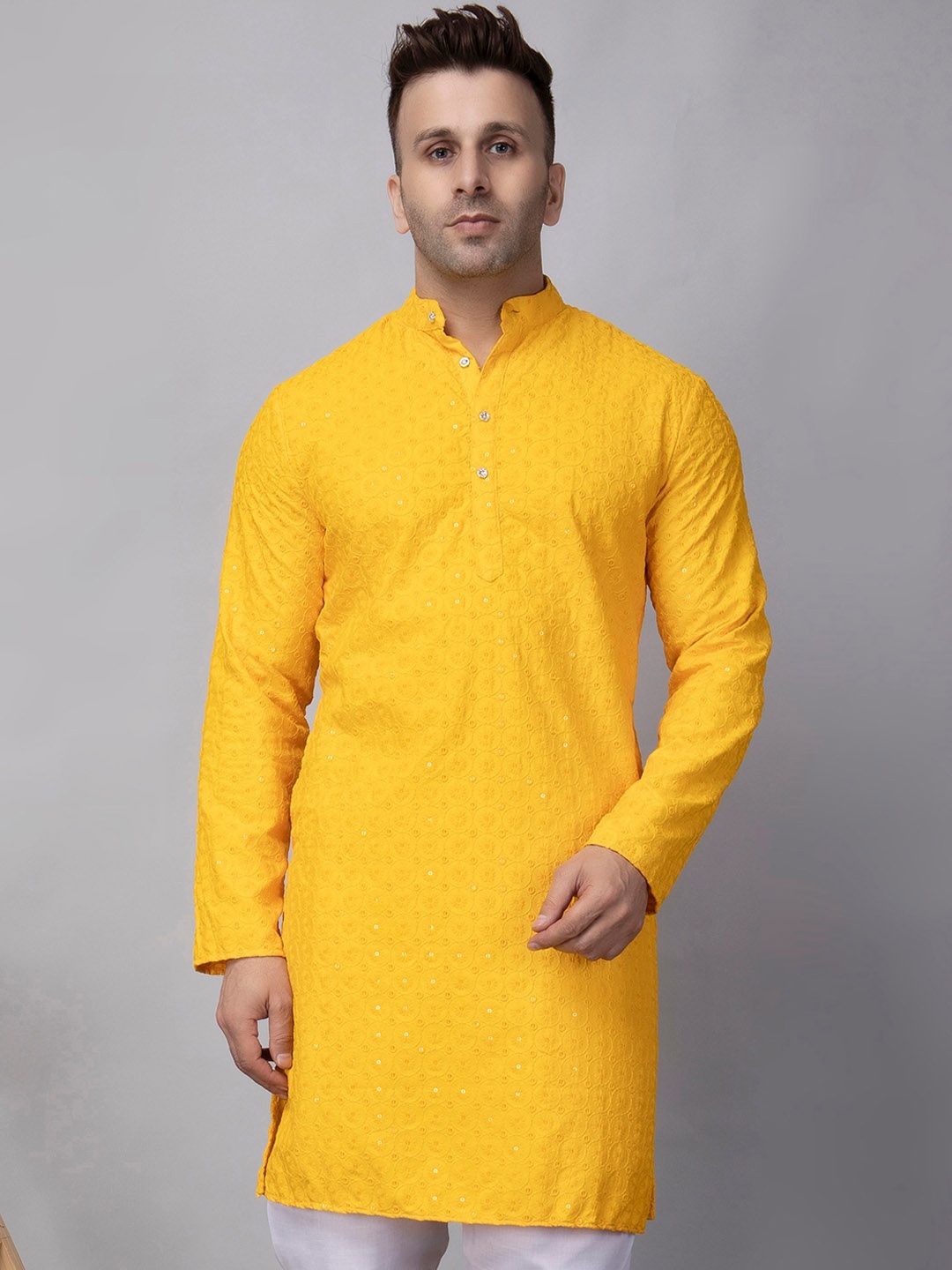 

hangup plus Embroidered Mandarin Collar A-Line Kurta, Yellow