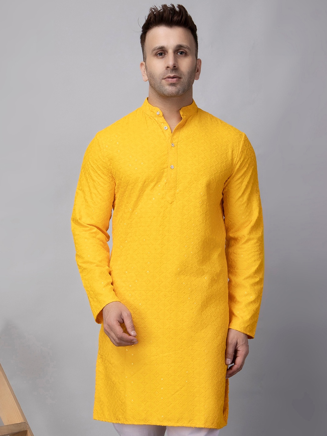 

hangup plus Abstract Woven Design Mandarin Collar Long Sleeves Straight Kurta, Yellow