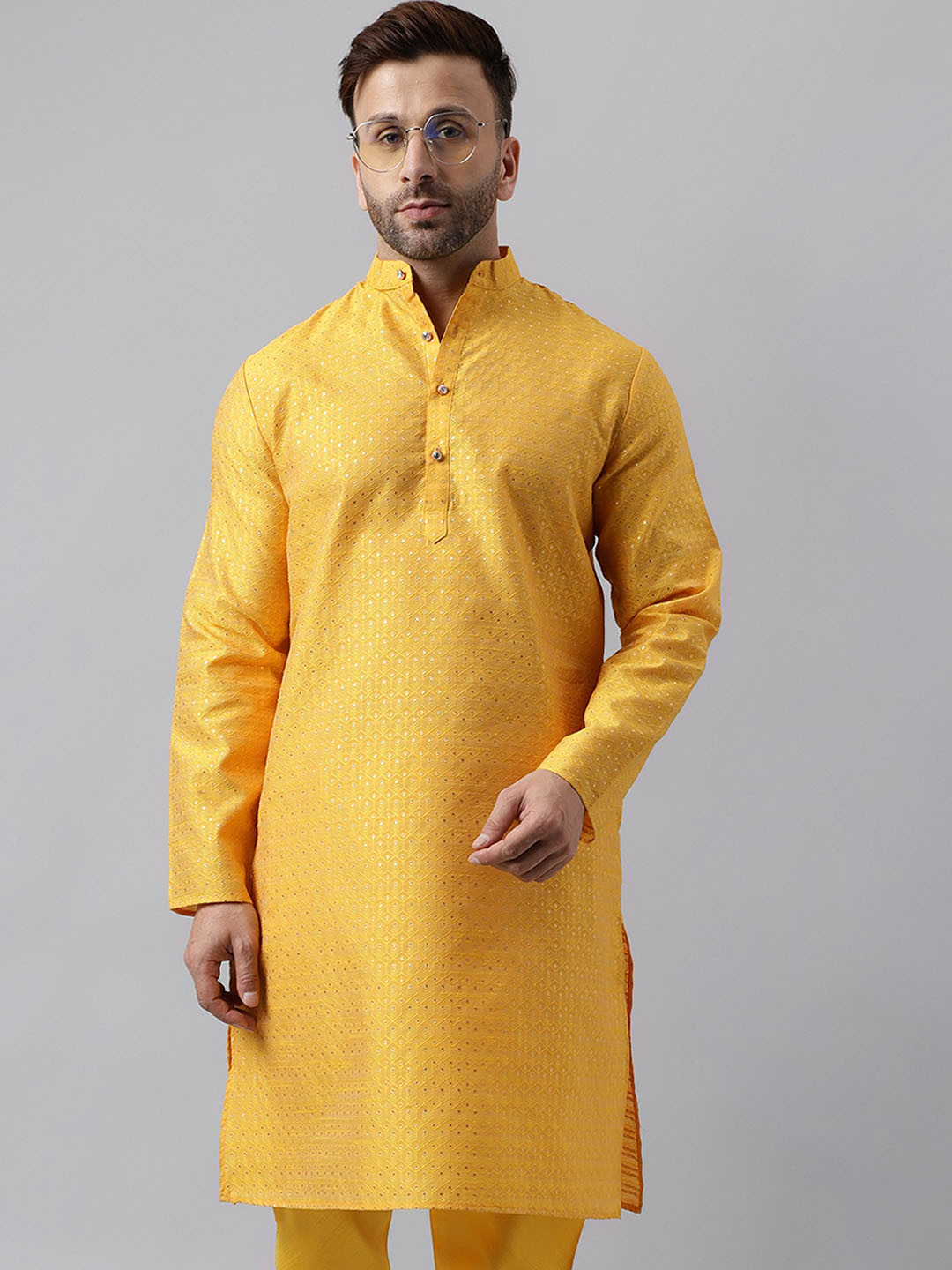 

hangup plus Embroidered Mandarin Collar Full Sleeves Thread Work Straight Kurta, Yellow