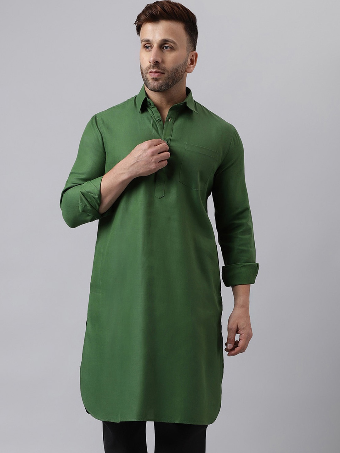 

hangup plus Shirt Collar Full Sleeves Straight Kurta, Green