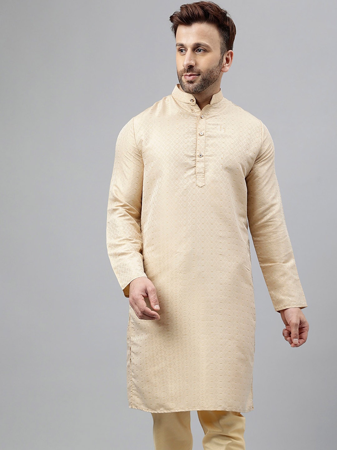 

hangup plus Geometric Printed Mandarin Collar A-Line Kurta, Cream