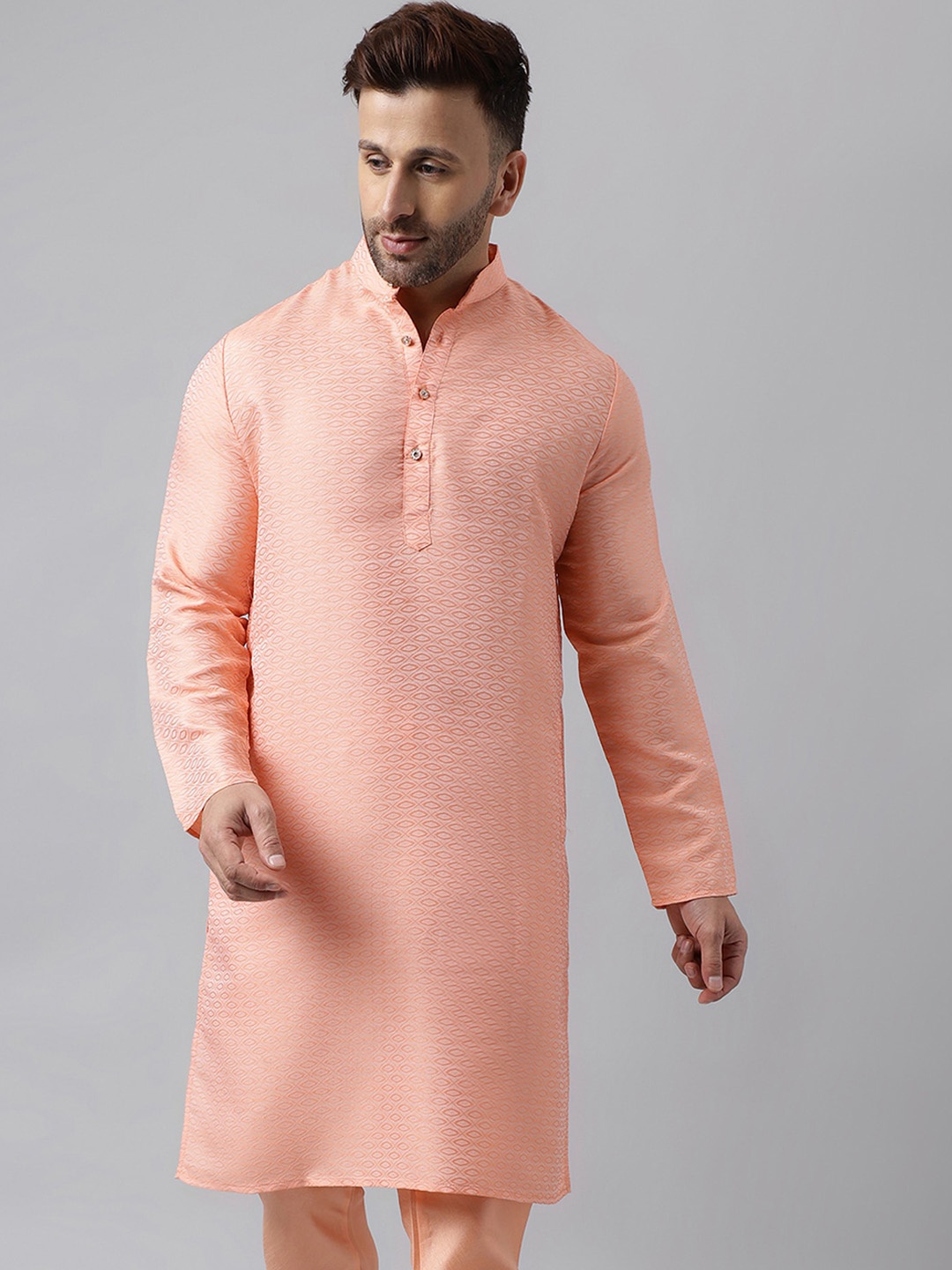 

hangup plus Geometric Mandarin Collar Full Sleeves Straight Kurta, Peach