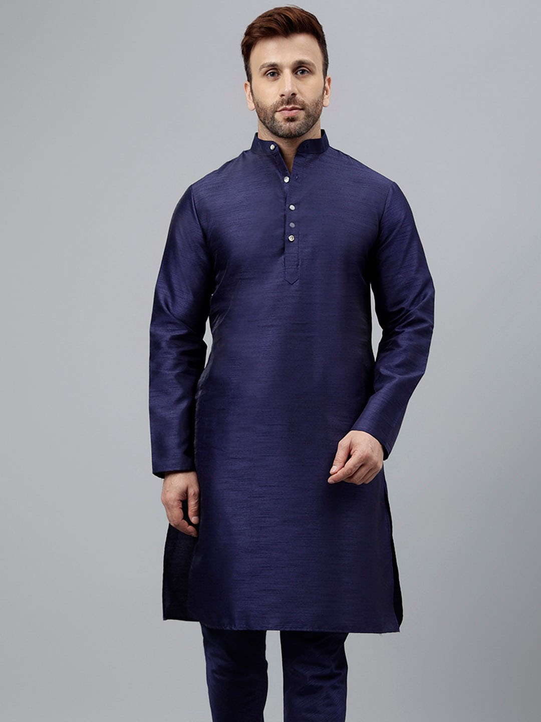 

hangup plus Woven Design Mandarin Collar Long Sleeves Straight Kurta, Navy blue