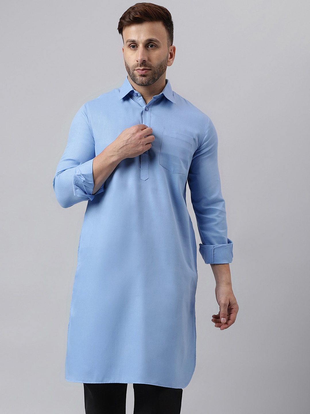 

hangup plus Pathani Shirt Collar Cotton Kurta, Blue