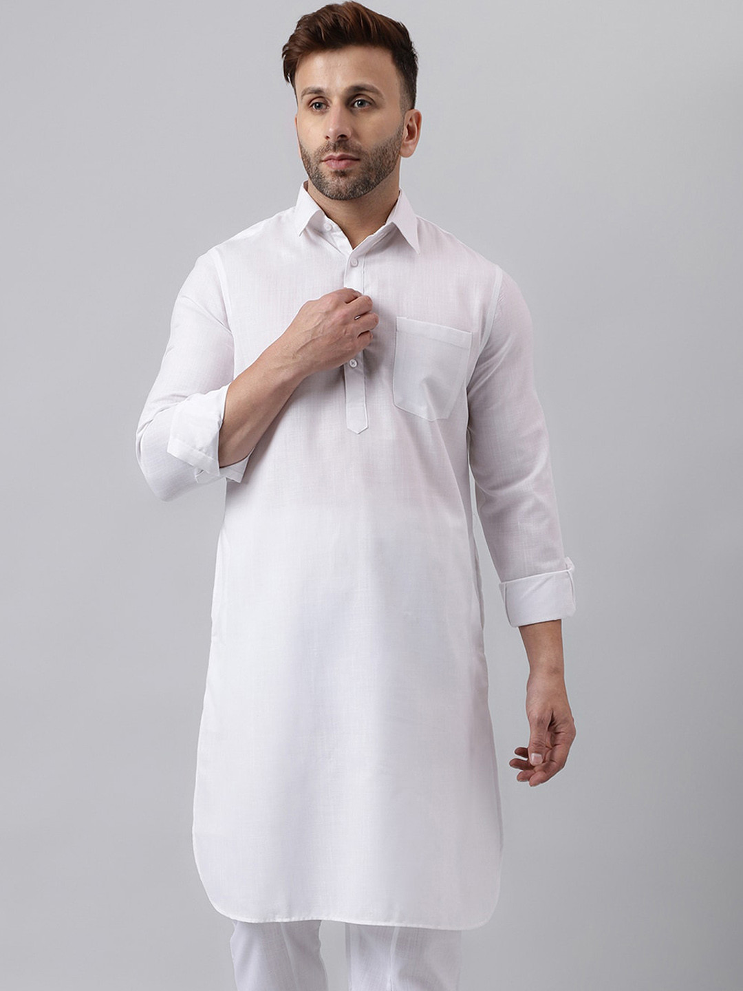

hangup plus Mandarin Collar Full Sleeves Straight Cotton Kurta, White