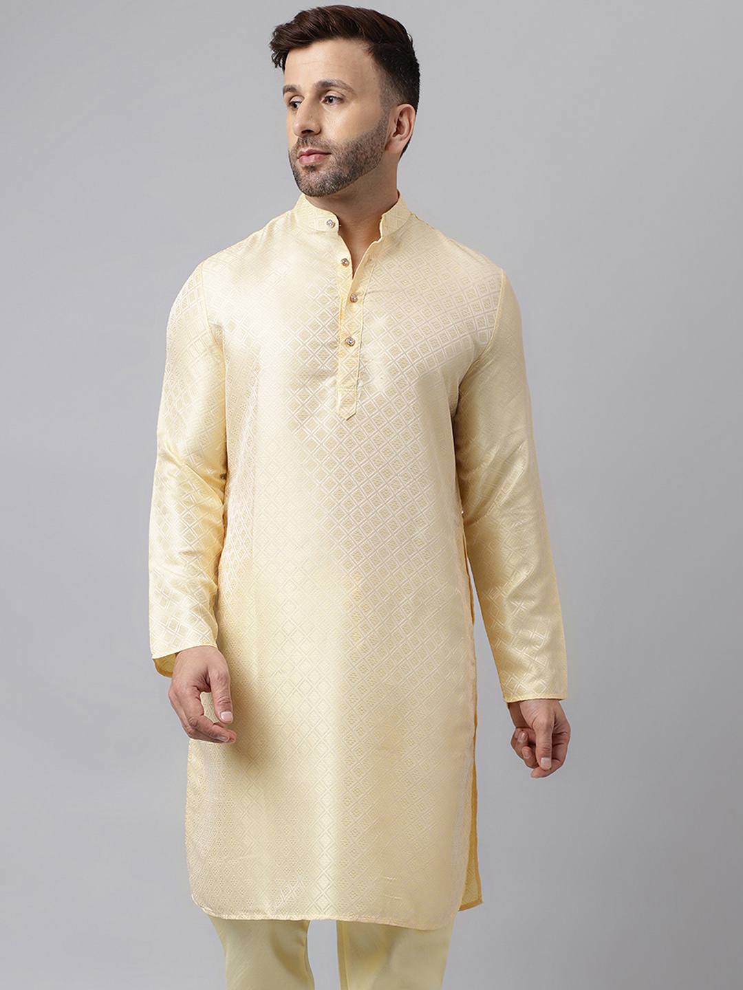 

hangup plus Geometric Mandarin Collar Full Sleeves Straight Kurta, Cream