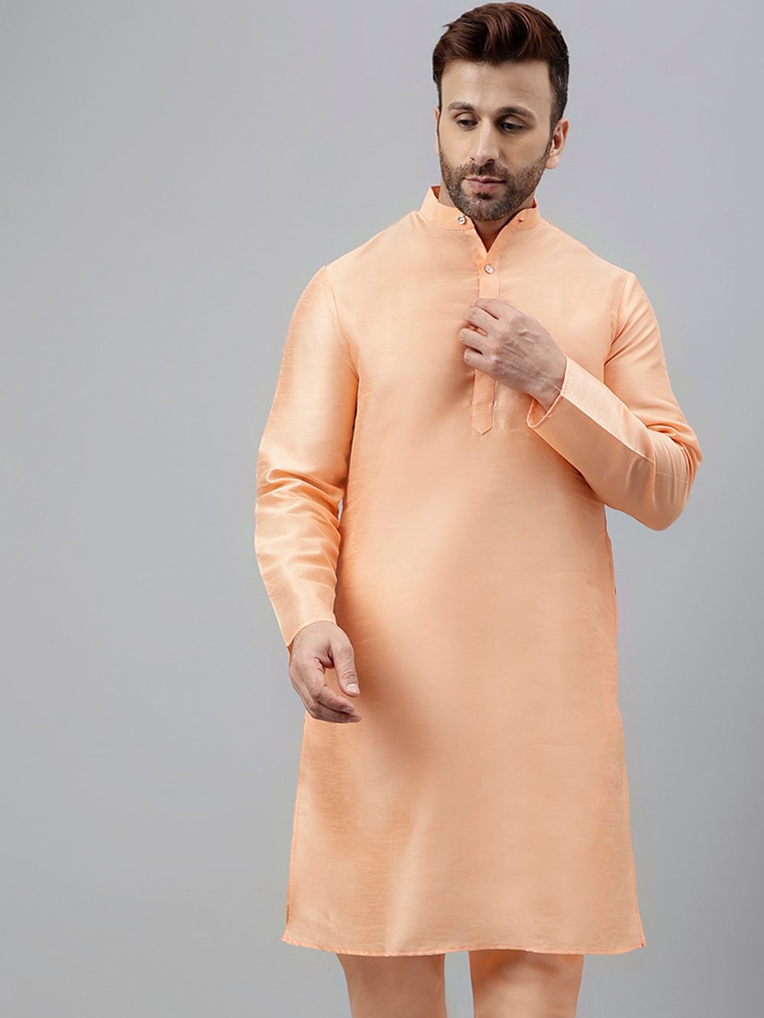 

hangup plus Woven Design Mandarin Collar A-Line Kurta, Peach