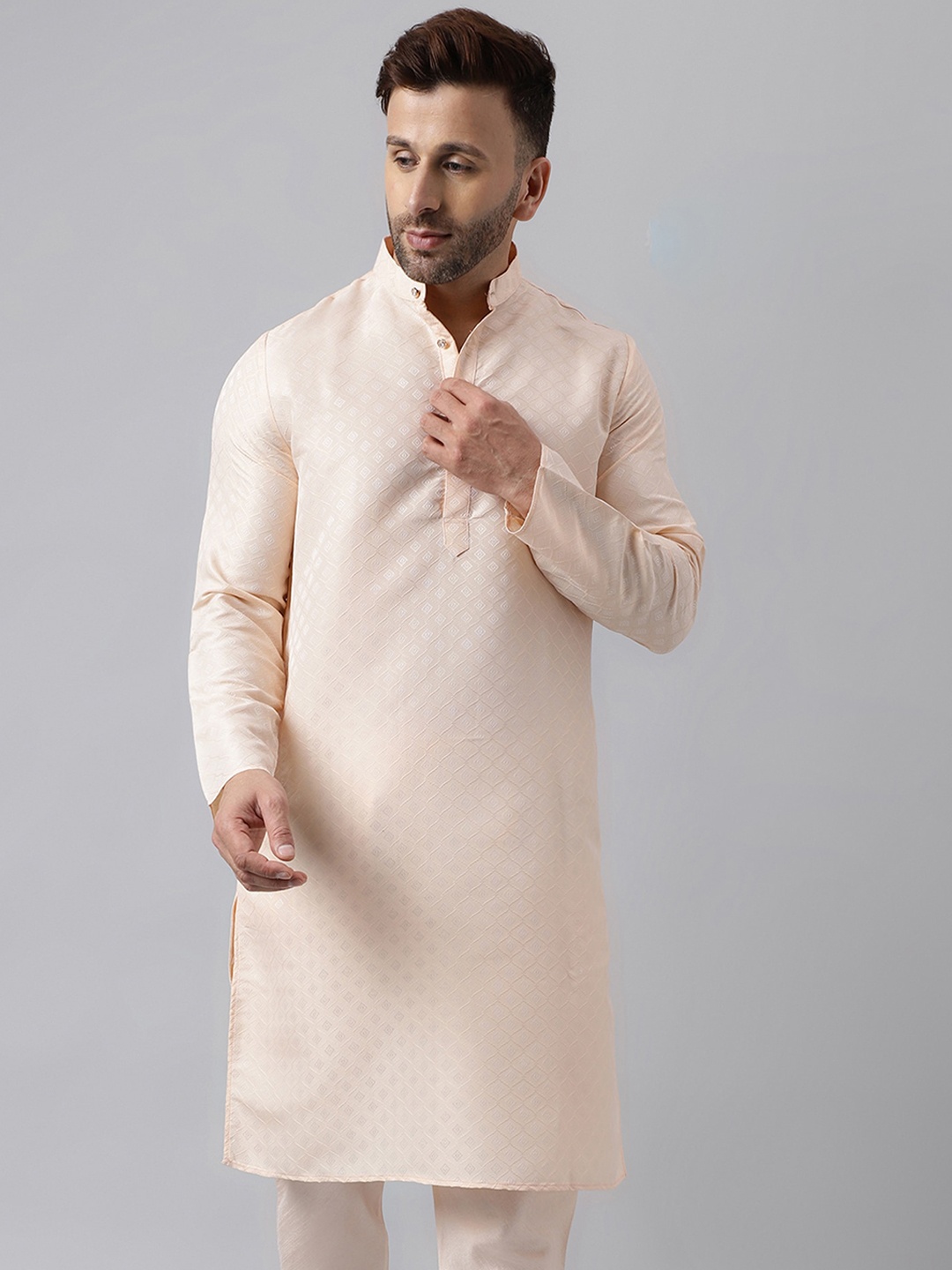 

hangup plus Woven Design Mandarin Collar Long Sleeves Straight Kurta, Cream