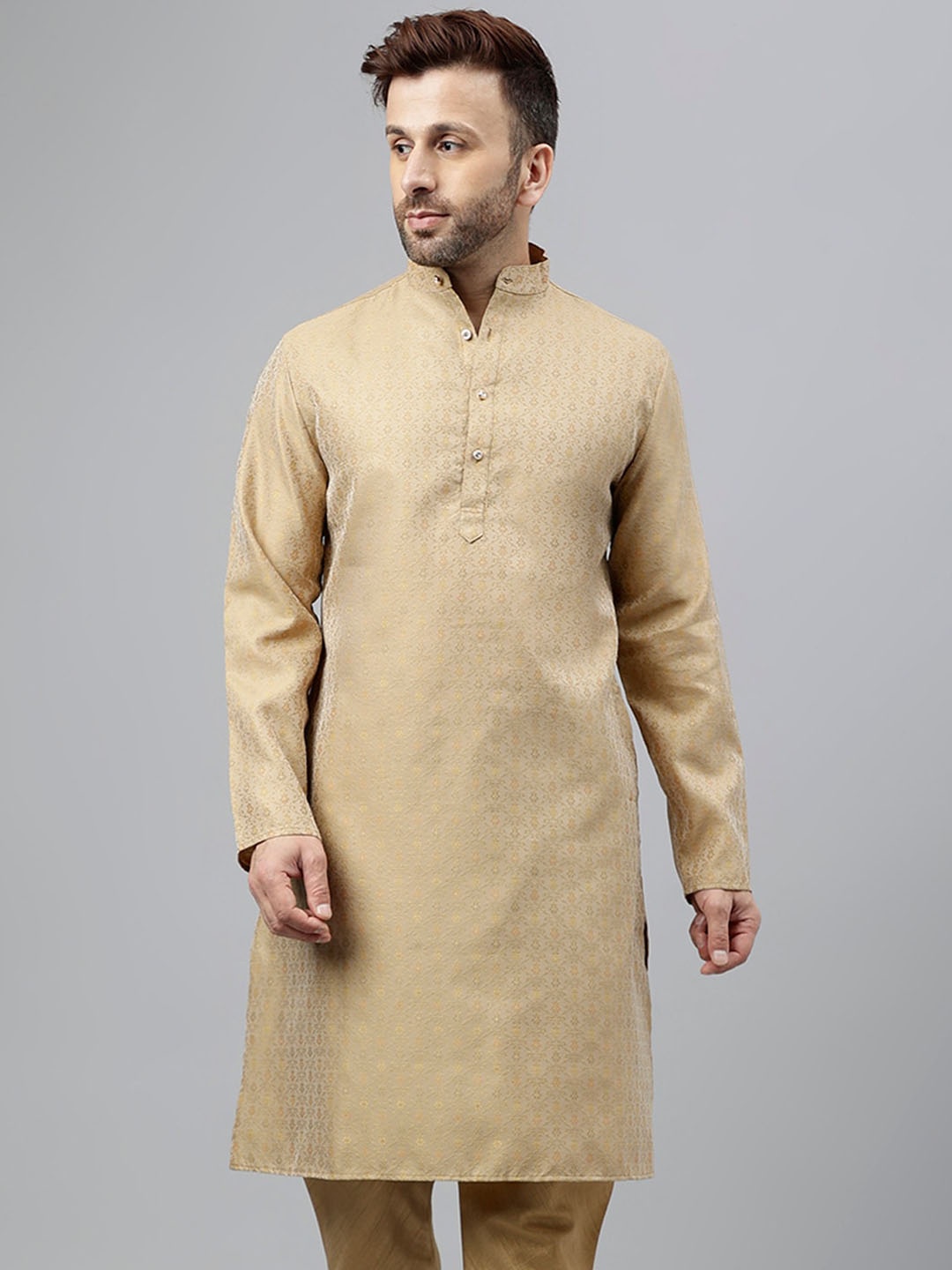 

hangup plus Embroidered Mandarin Collar Full Sleeves Thread Work Straight Kurta, Khaki