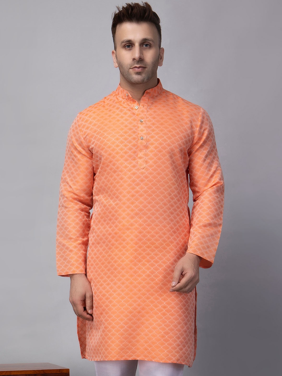 

hangup plus Woven Design Mandarin Collar Full Sleeves Straight Kurta, Orange