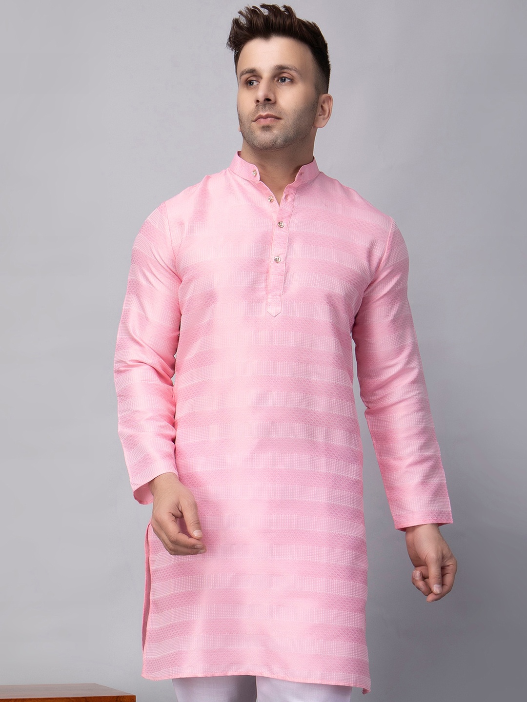 

hangup plus Striped Woven Design Printed Mandarin Collar Long Sleeves Straight Kurta, Pink