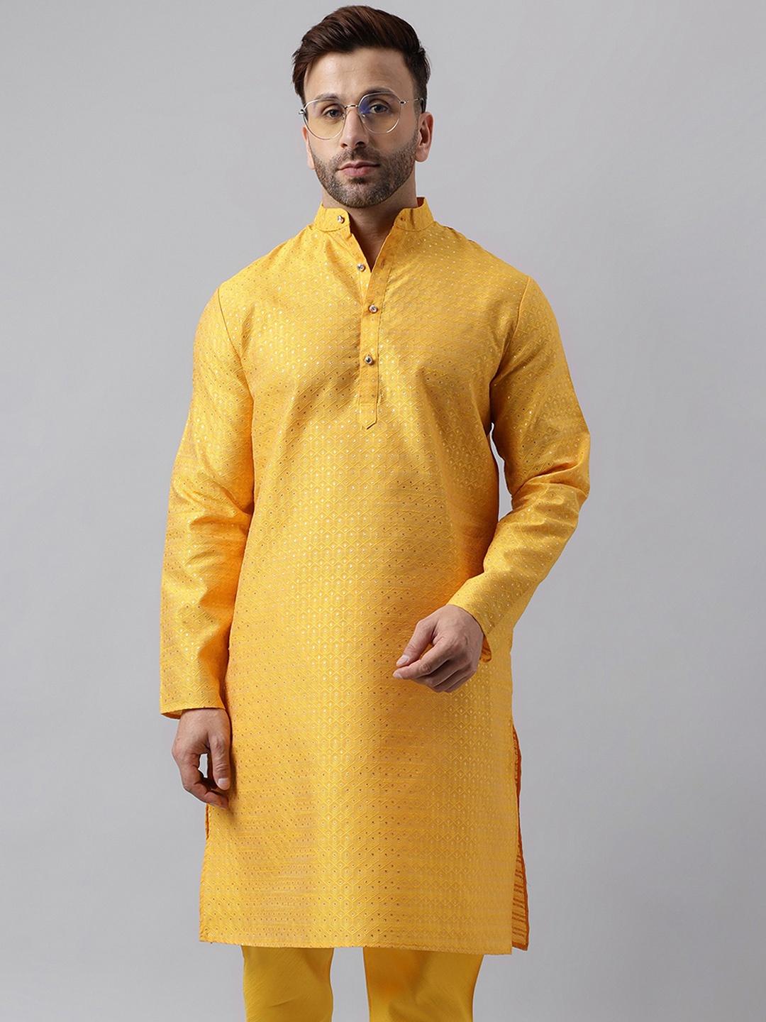 

hangup trend Geometric Woven Design Mandarin Collar Straight Kurta, Yellow