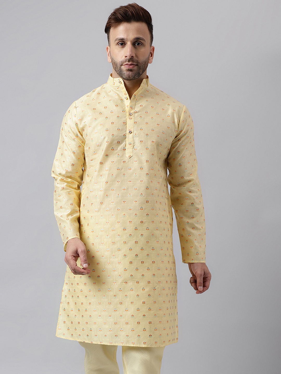 

hangup trend Ethnic Motifs Woven Design Jacquard Mandarin Collar Straight Kurta, Off white