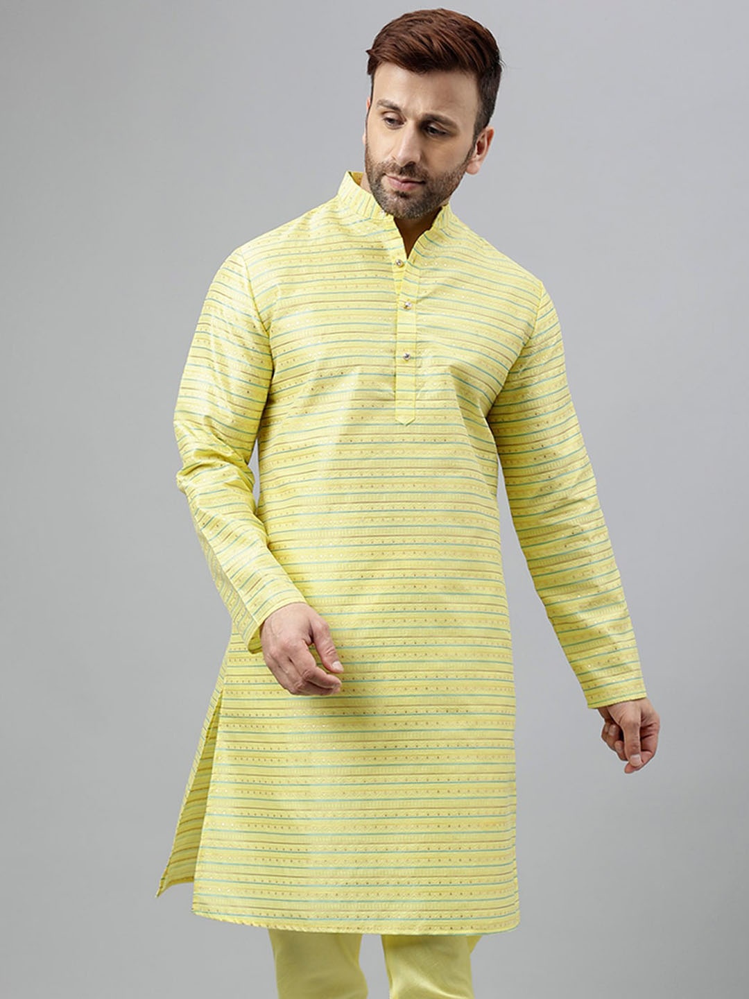

hangup trend Striped Printed Mandarin Collar Straight Kurta, Green