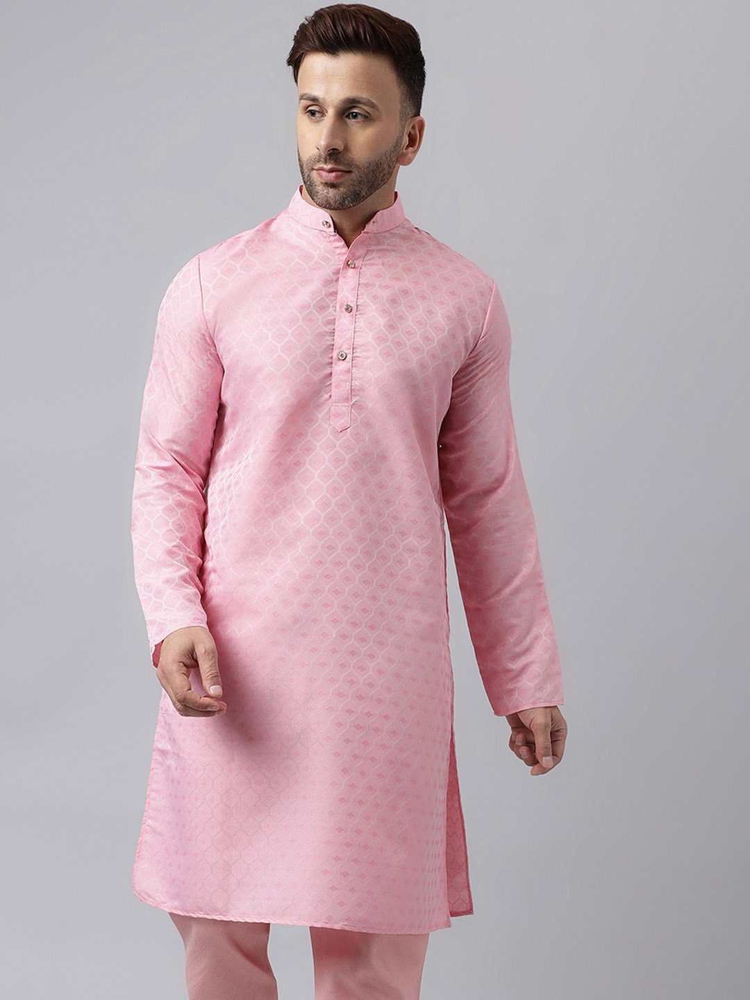 

hangup trend Geometric Woven Design Mandarin Collar Straight Kurta, Pink