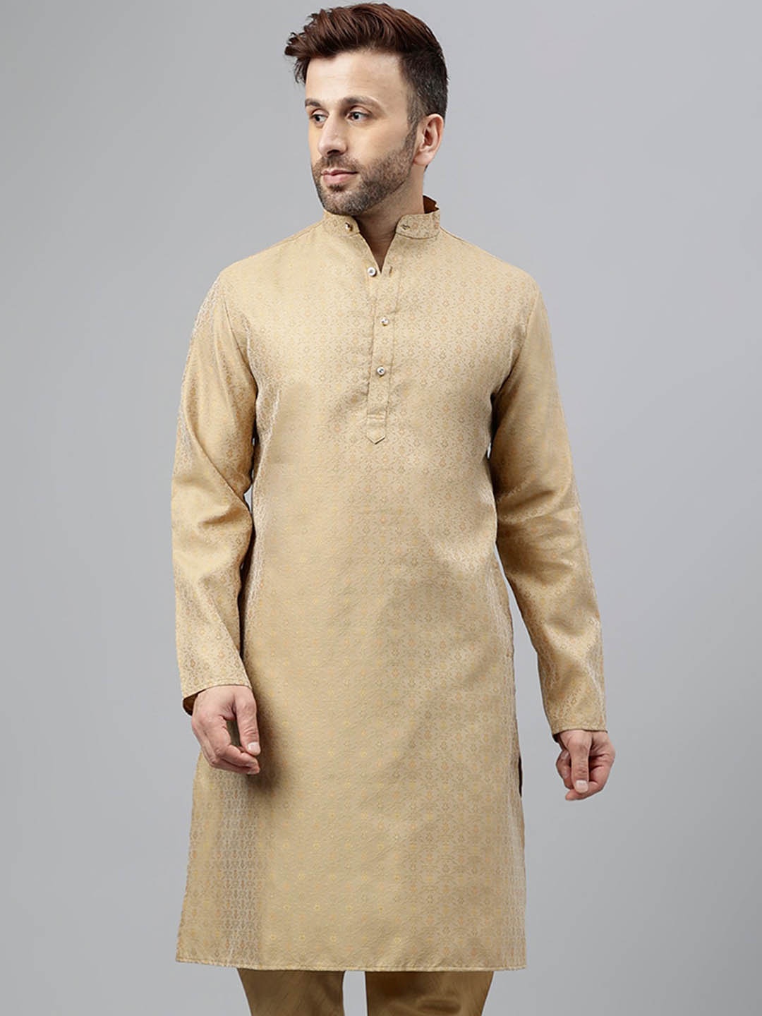 

hangup trend Floral Embroidered Mandarin Collar Straight Kurta, Khaki