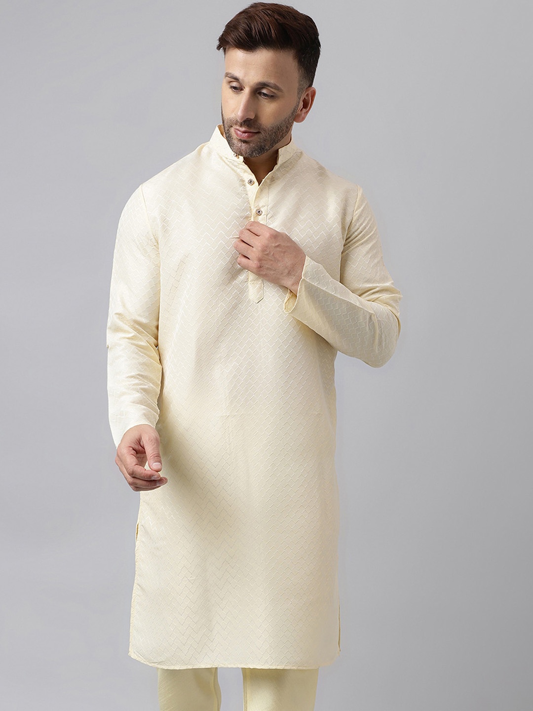 

hangup trend Geometric Woven Design Mandarin Collar Straight Kurta, Cream