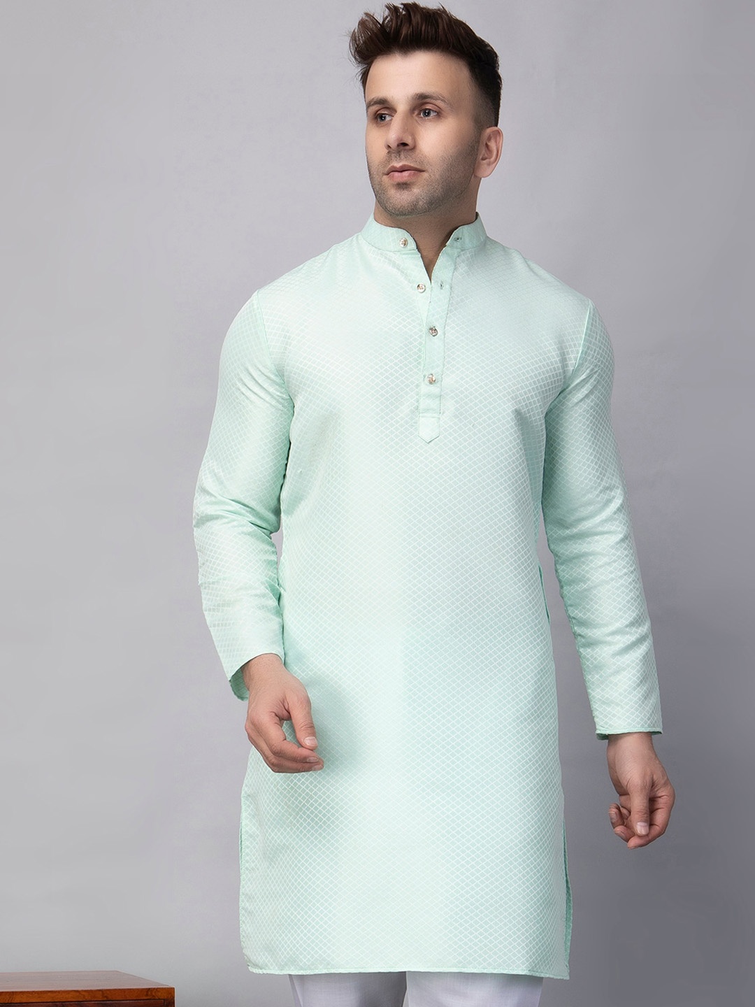 

hangup trend Woven Design Mandarin Collar Straight Kurta, Blue