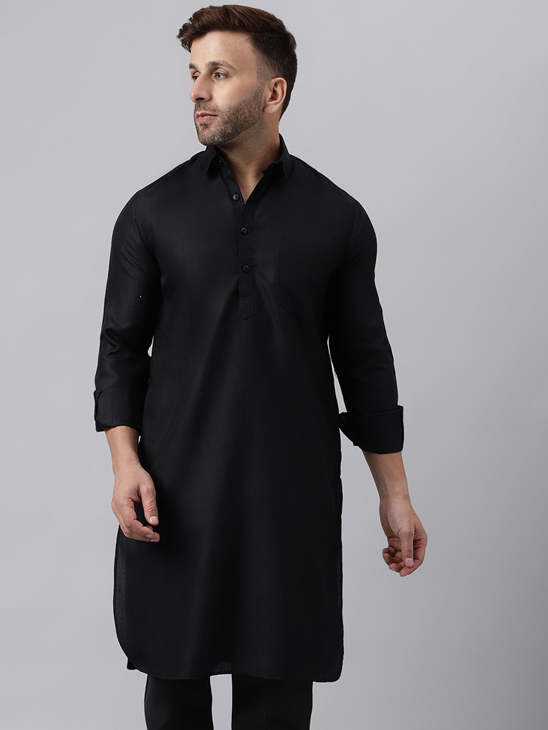 

hangup trend Shirt Collar Long Sleeves Pathani Straight Kurta, Black
