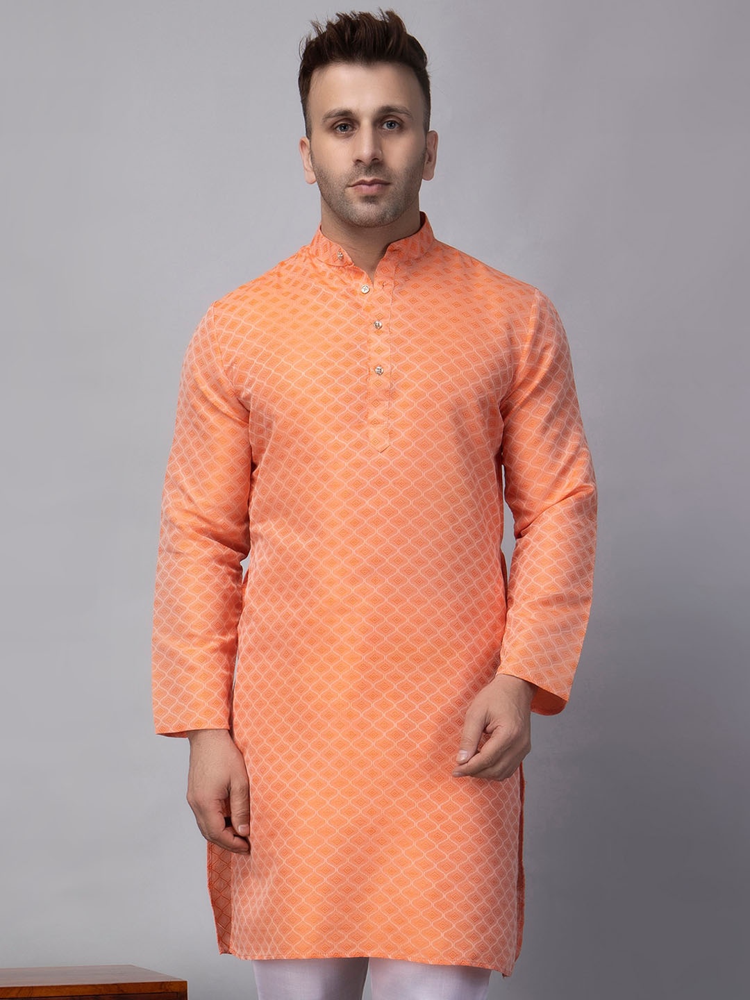 

hangup trend Ethnic Motifs Woven Design Jacquard Mandarin Collar Straight Kurta, Orange