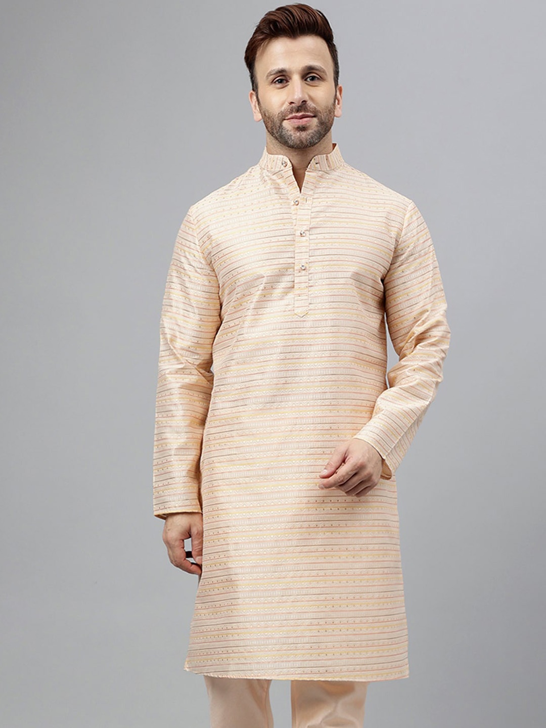 

hangup trend Woven Design Mandarin Collar Jacquard Straight Kurta, Cream