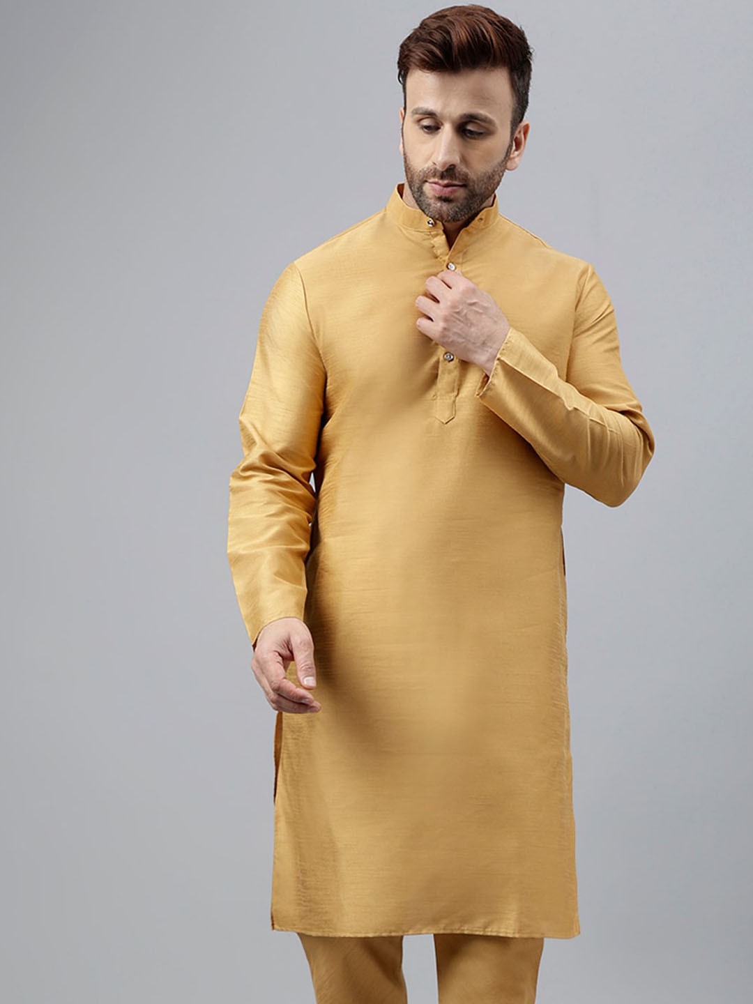 

hangup trend Woven Design Mandarin Collar Dupion Silk Straight Kurta, Khaki
