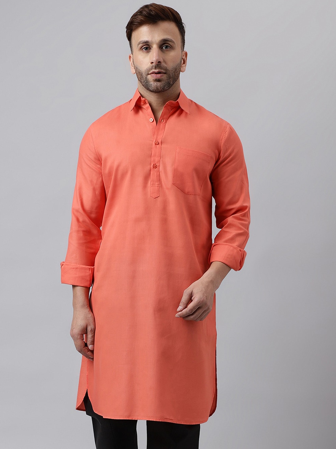 

hangup trend Shirt Collar Long Sleeves Pathani Straight Kurta, Red
