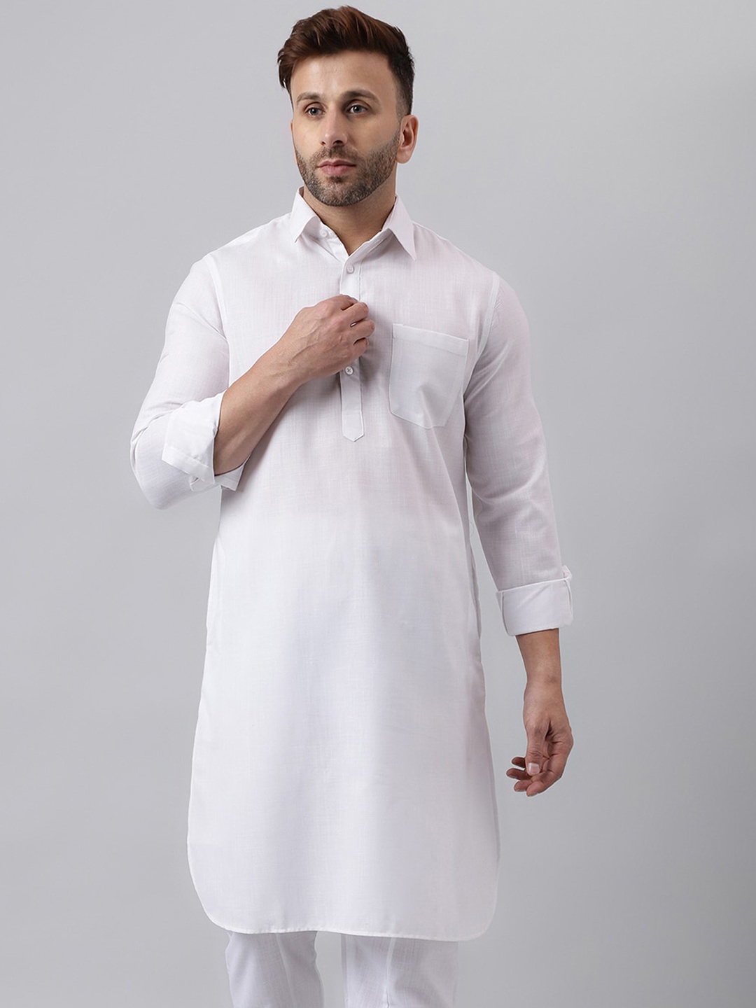 

hangup trend Shirt Collar Long Sleeves Pathani Straight Kurta, White