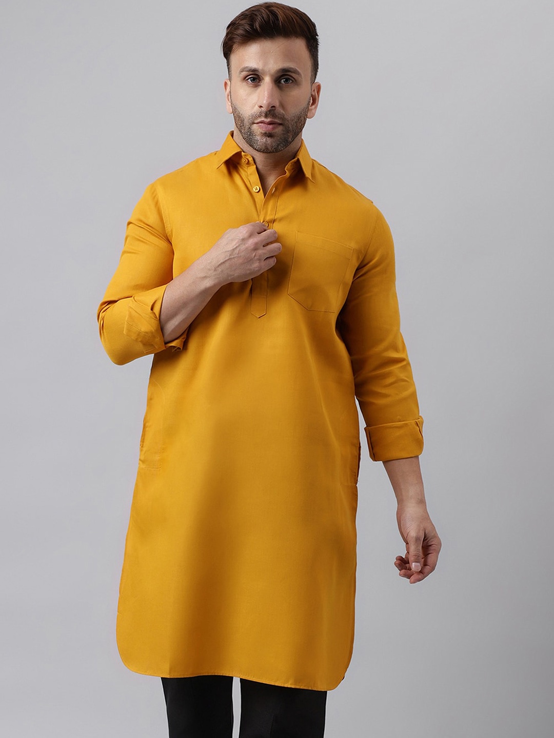 

hangup trend Shirt Collar Long Sleeves Pathani Straight Kurta, Mustard