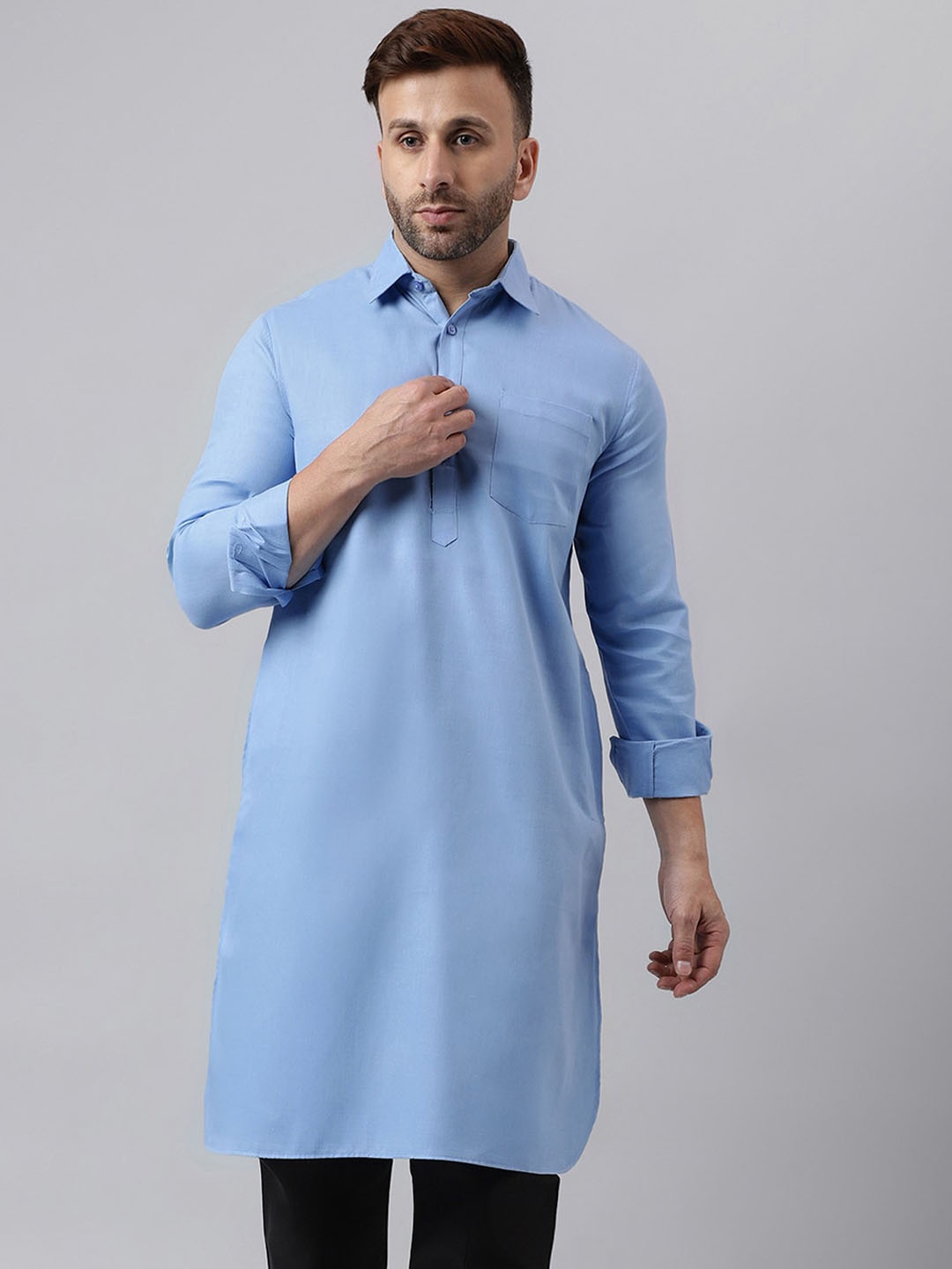 

hangup trend Shirt Collar Long Sleeves Pathani Straight Kurta, Blue