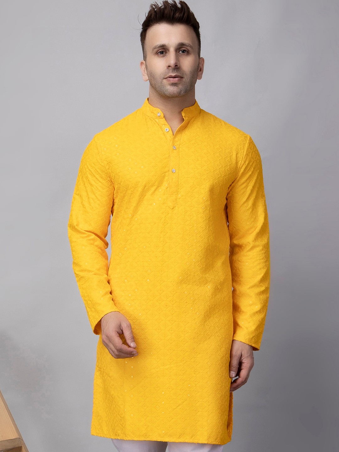 

hangup trend Embellished Woven Design Mandarin Collar Straight Kurta, Yellow