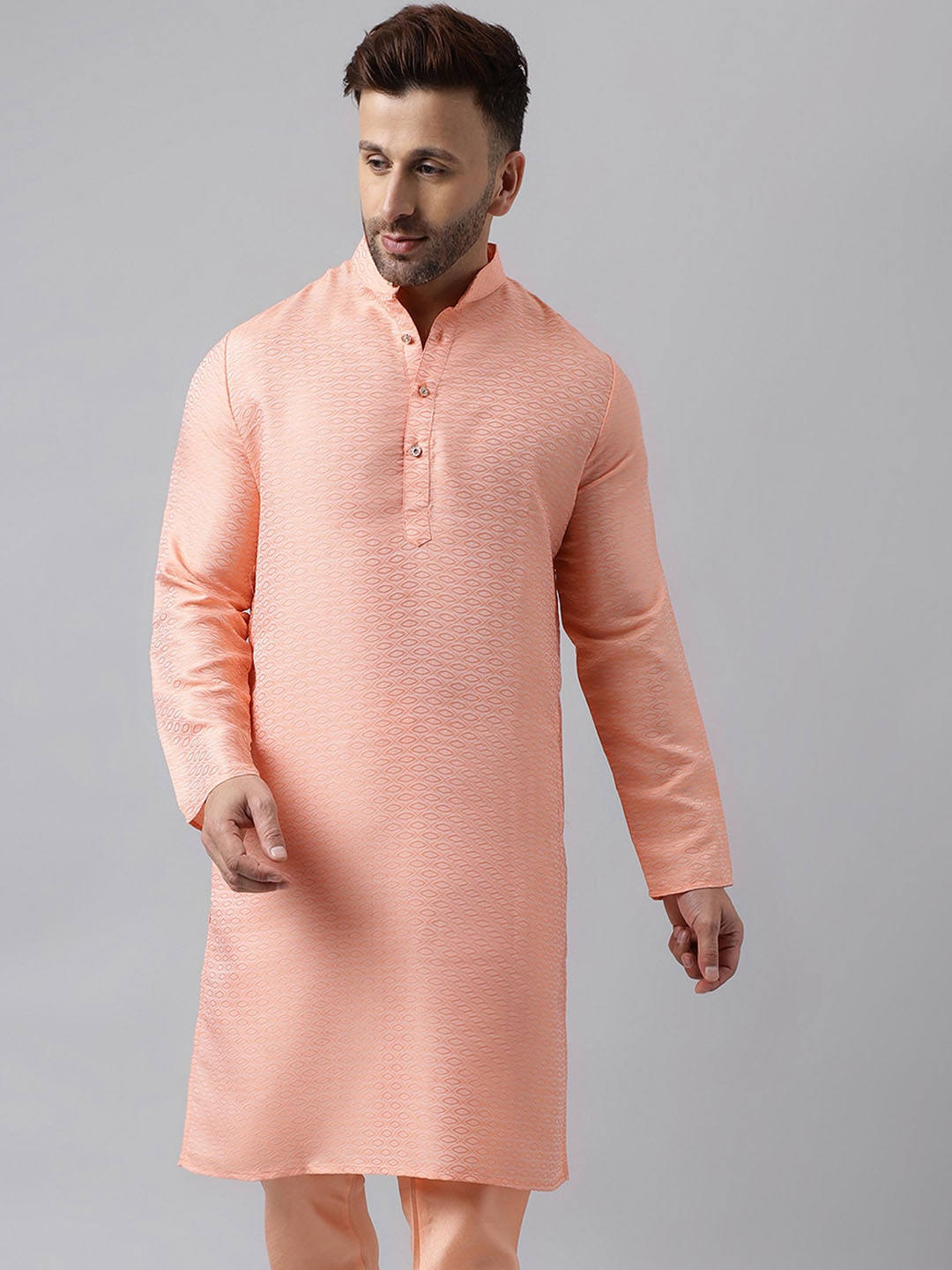 

hangup trend Geometric Woven Design Mandarin Collar Straight Kurta, Peach