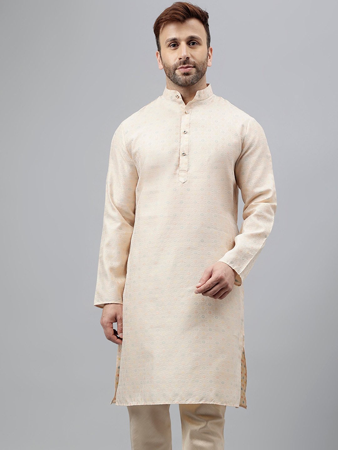 

hangup trend Floral Woven Design Long Sleeves Mandarin Collar Straight Kurta, Cream