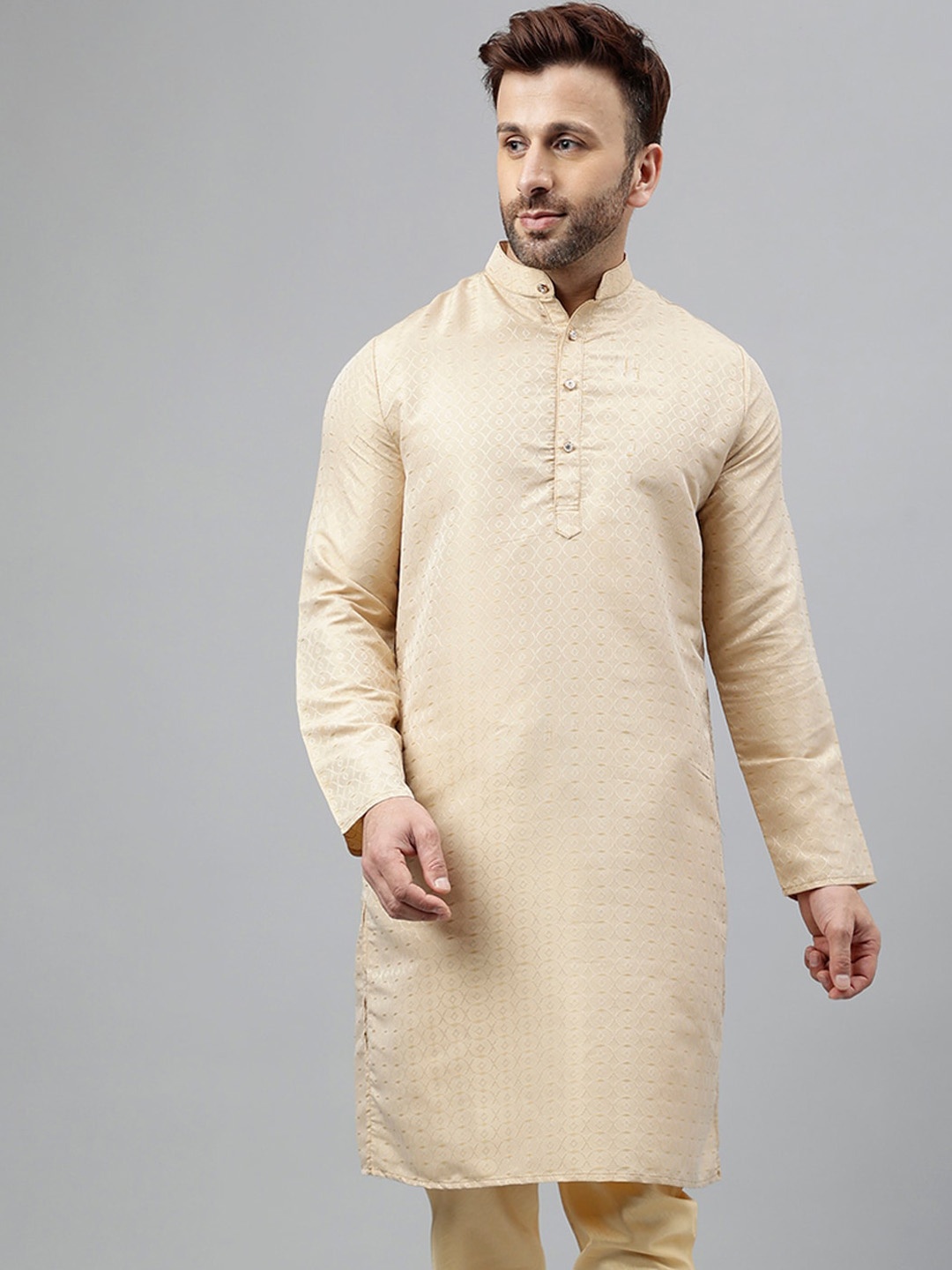 

hangup trend Geometric Woven Design Mandarin Collar Straight Kurta, Cream