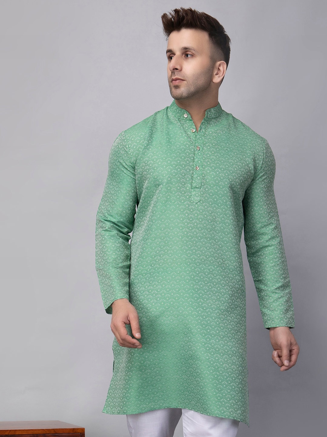 

hangup trend Geometric Woven Design Mandarin Collar Long Sleeves Straight Kurta, Green