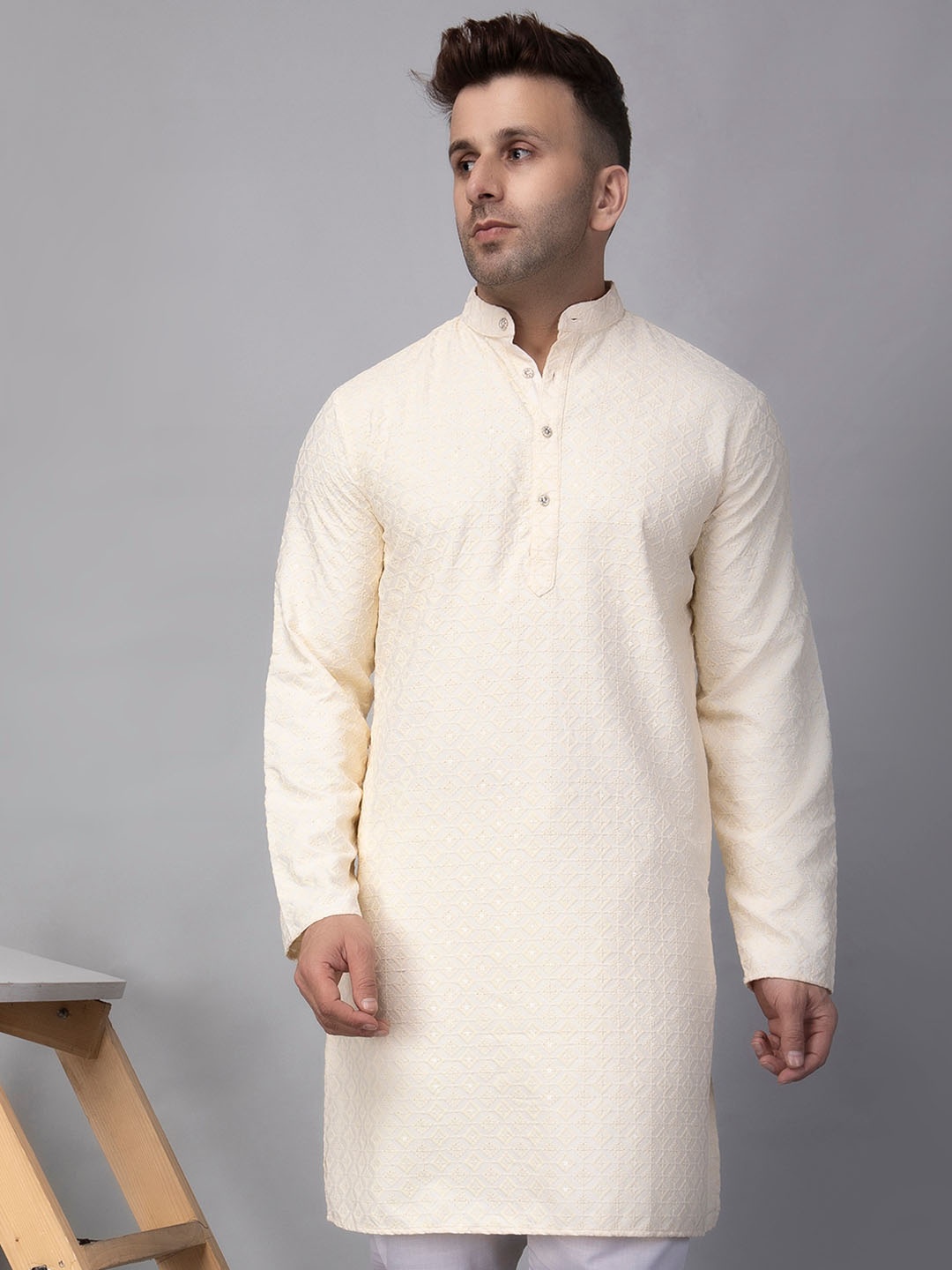 

hangup trend Woven Design Thread Work Mandarin Collar Straight Kurta, Pink
