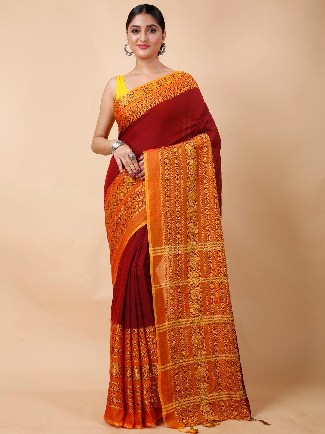 

Ruuprekha Woven Design Ethnic Motifs Khadi Cotton Saree, Orange