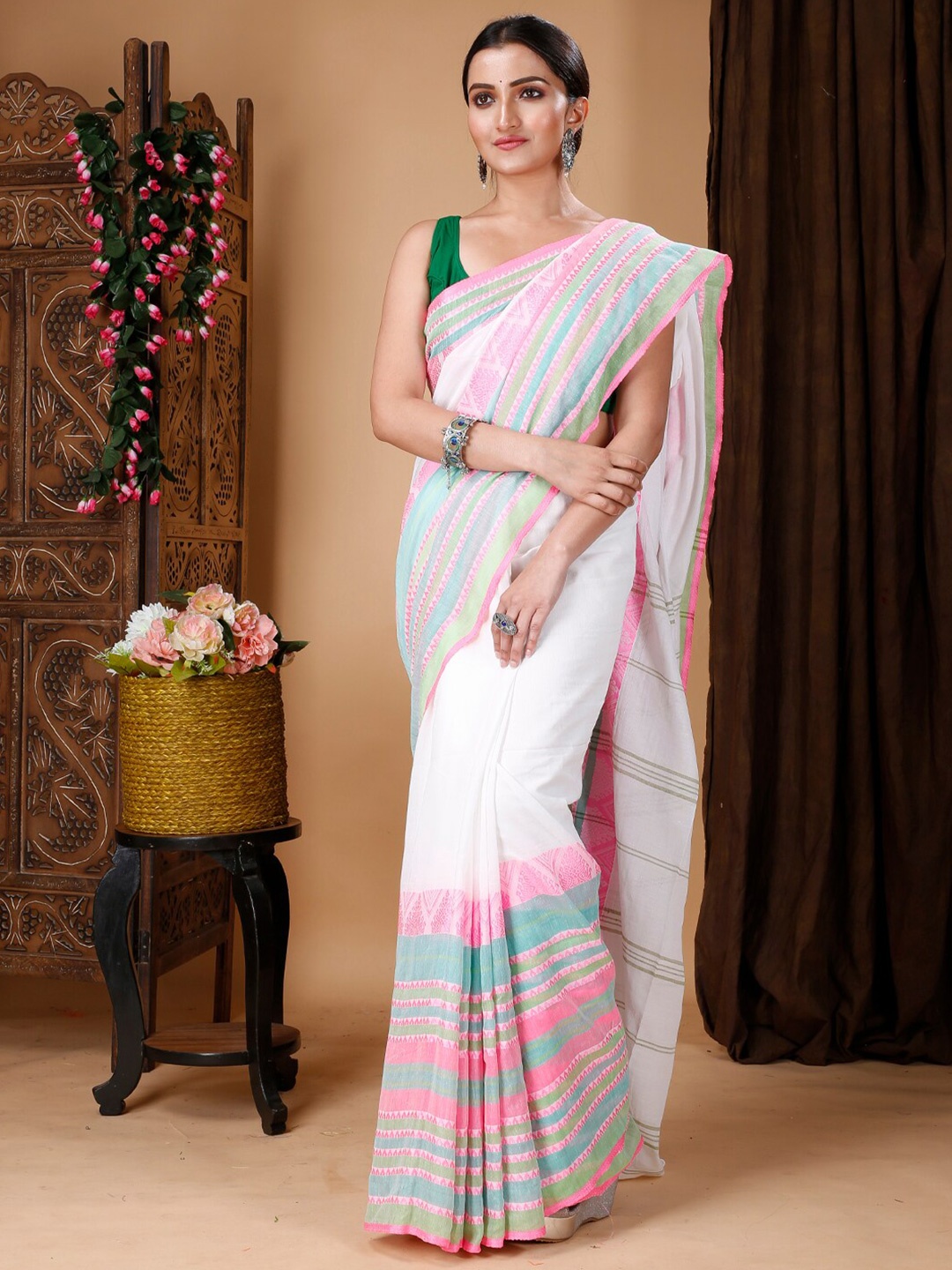 

Ruuprekha Woven Design Ethnic Motifs Cotton Saree, White