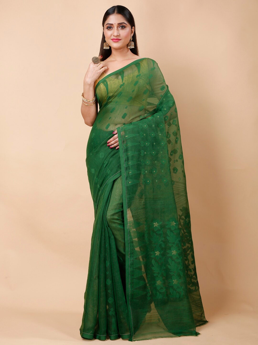 

Ruuprekha Ethnic Motifs Linen Blend Jamdani Saree, Sea green