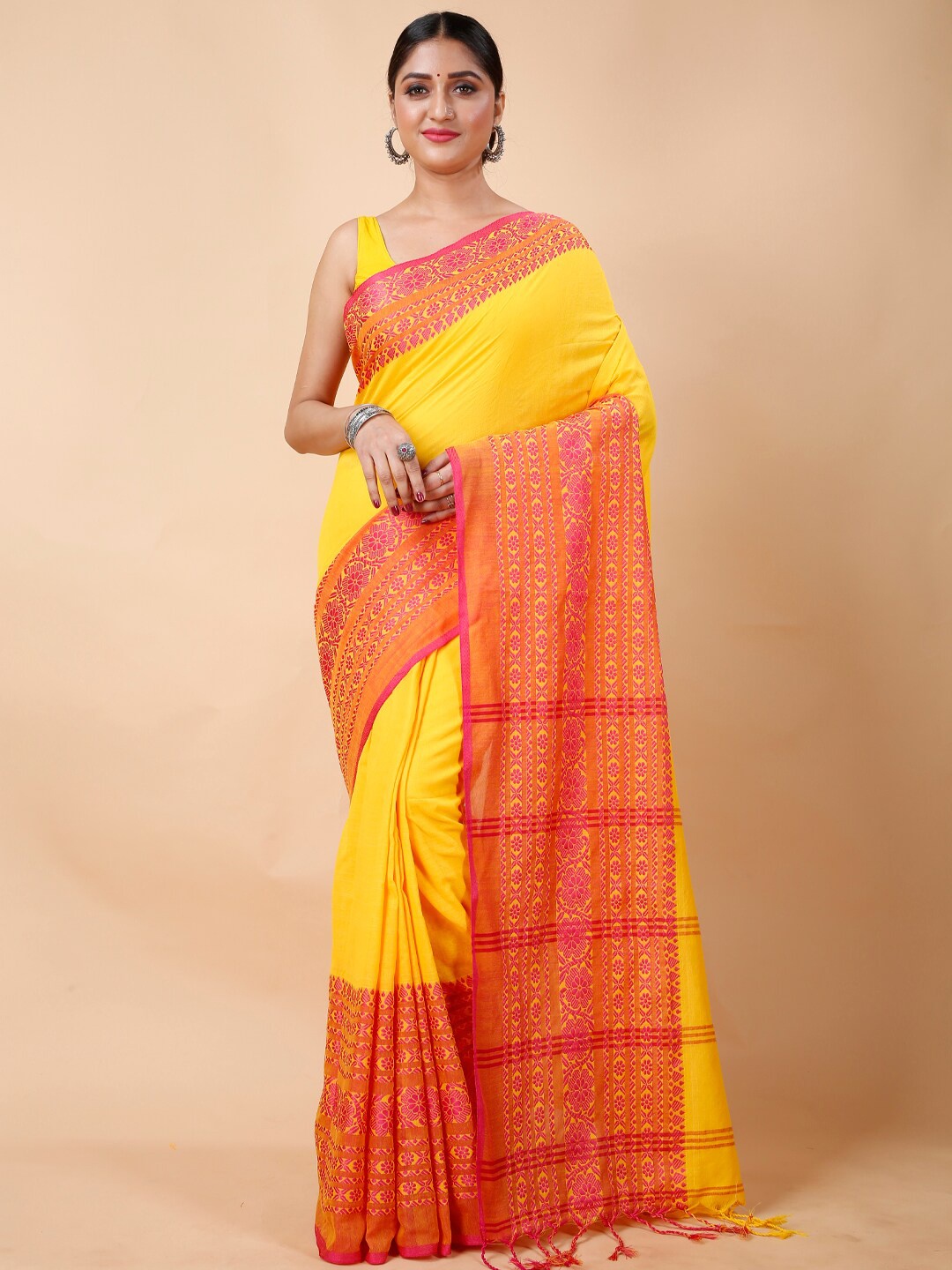 

Ruuprekha Woven Design Ethnic Motifs Khadi Cotton Saree, Orange
