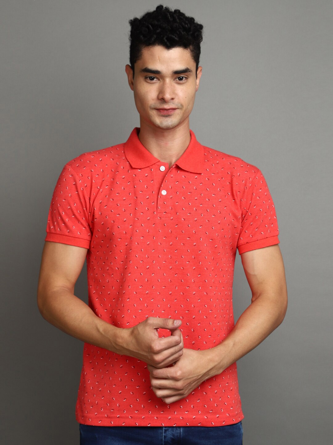 

V-Mart Geometric Printed Polo Collar Cotton T-shirt, Red