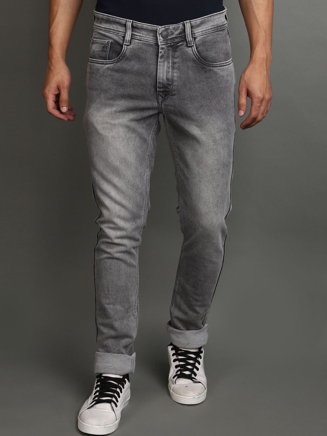 

V-Mart Men Slim Fit Clean Look Heavy Fade Knitted Cotton Jeans, Grey