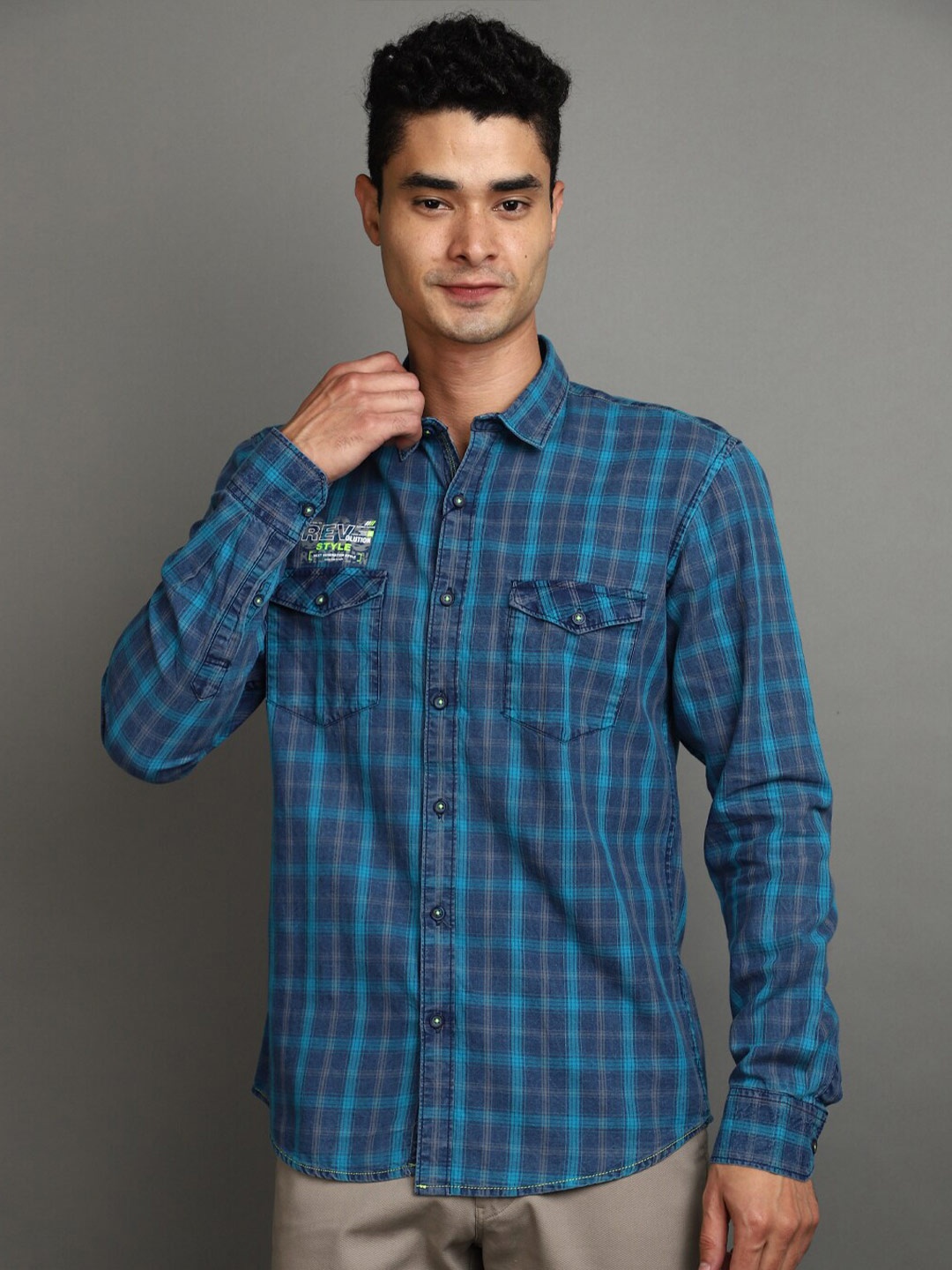 

V-Mart Tartan Checks Cotton Casual Shirt, Blue