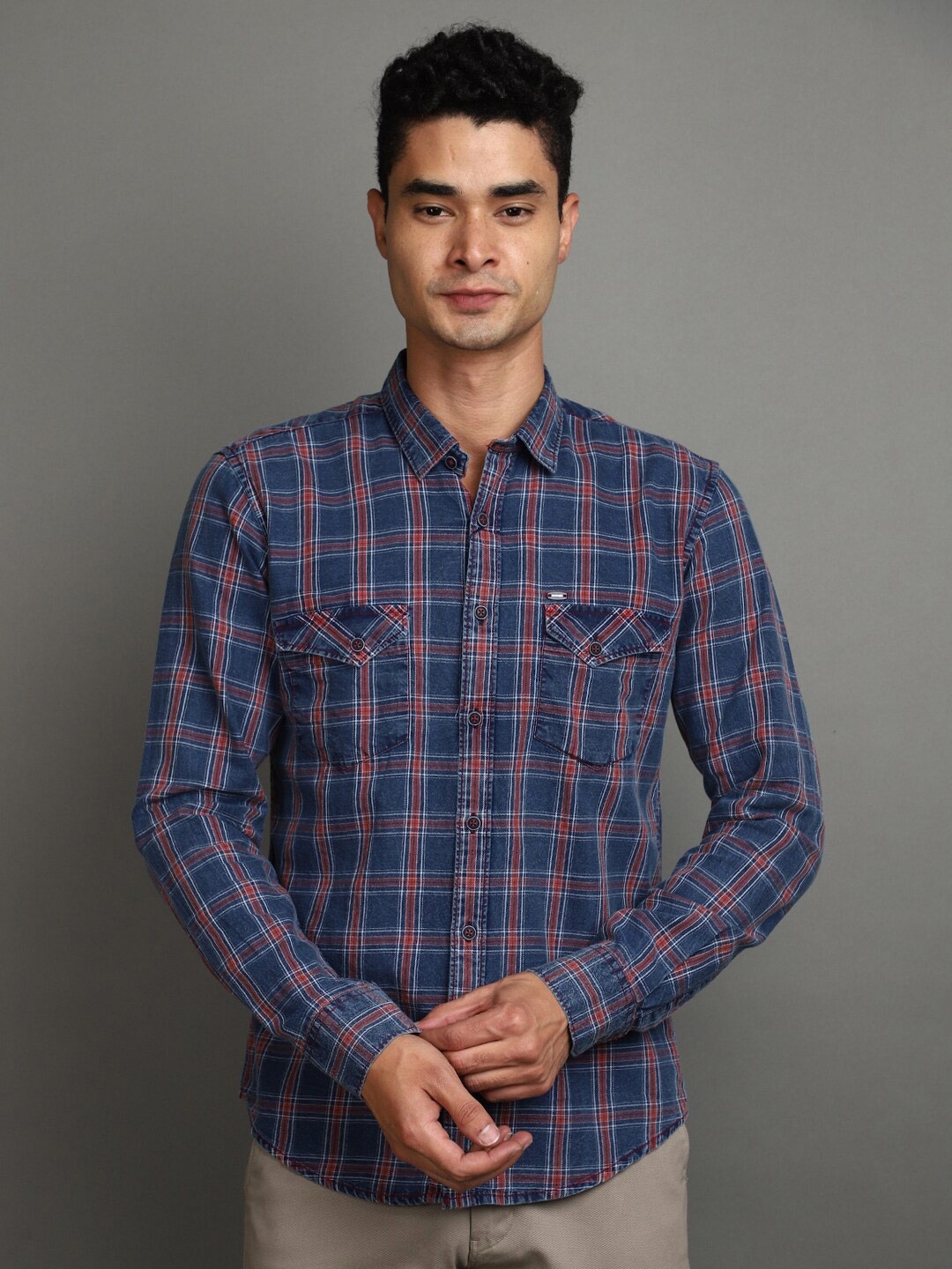 

V-Mart Slim Fit Tartan Checks Cotton Casual Shirt, Blue