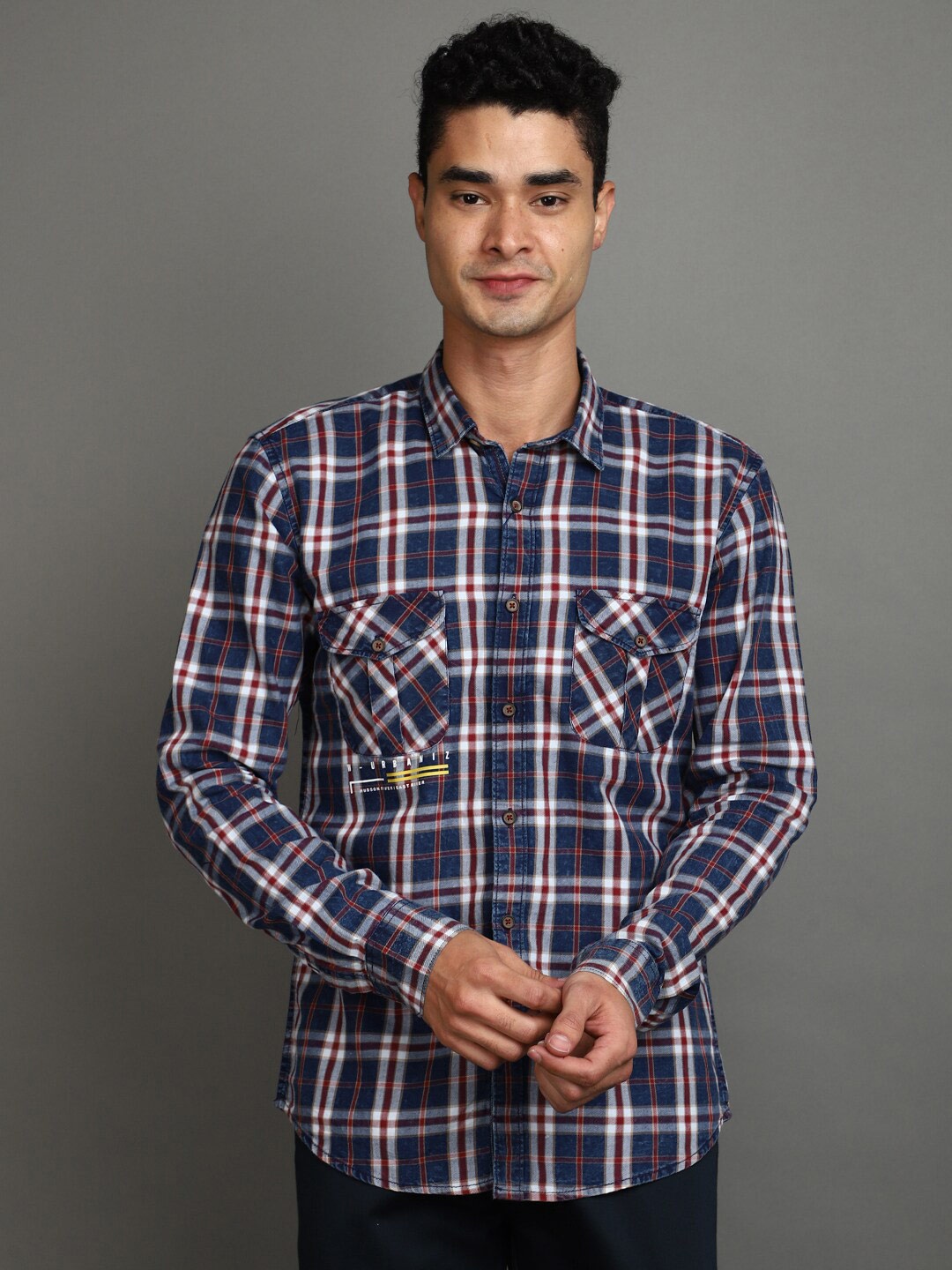 

V-Mart Slim Fit Tartan Checked Cotton Casual Shirt, Navy blue