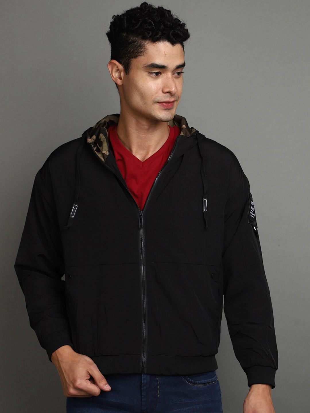 

V-Mart Hooded Lightweight Cotton Bomber Jacket, Black