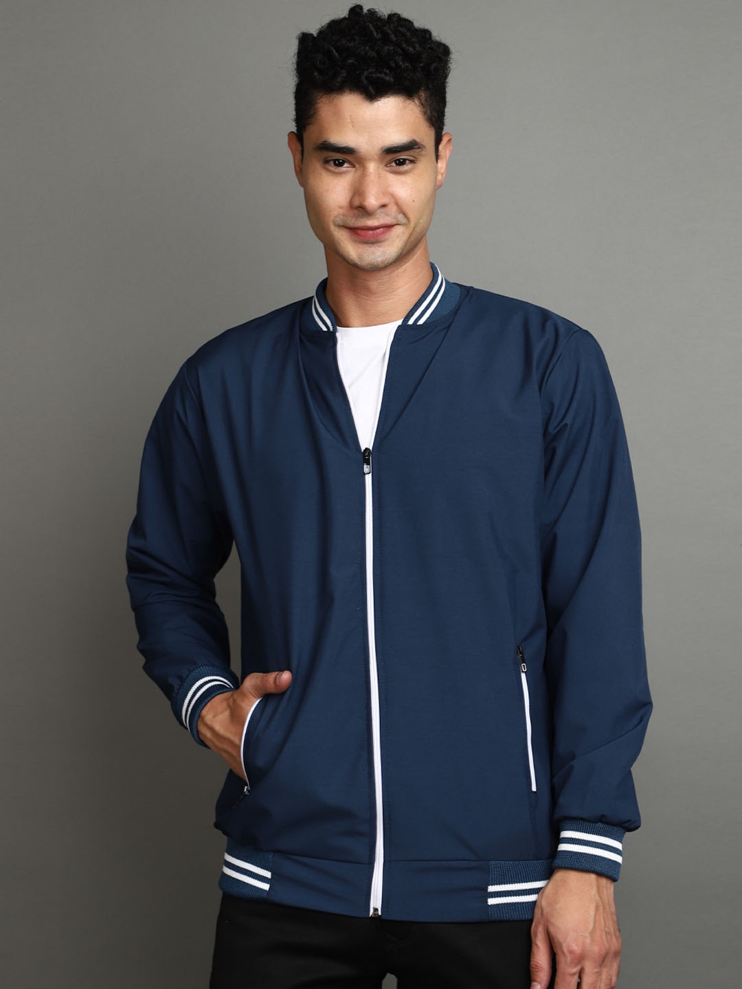 

V-Mart Mandarin Collar Lightweight Cotton Bomber Jacket, Teal