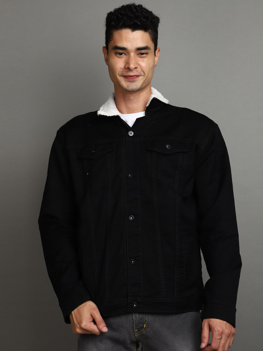 

V-Mart Spread Collar Lightweight Faux Fur Trim Denim Jacket, Black