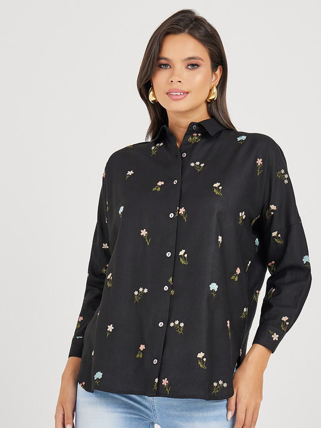

Styli Floral Embroidered Spread Collar Cotton Casual Shirt, Black
